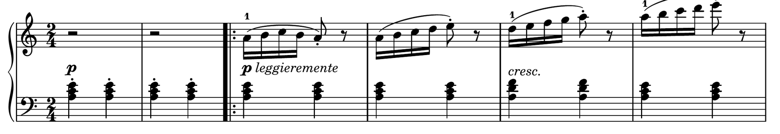 First system of the printed score, bars 1 to 6. The left-hand chords are marked piano, the chords in bars 1 and 2 carry staccato dots, and cresc. is written at bar 5.